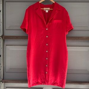 SILX 100% Silk Red Button-Up Shirt Dress